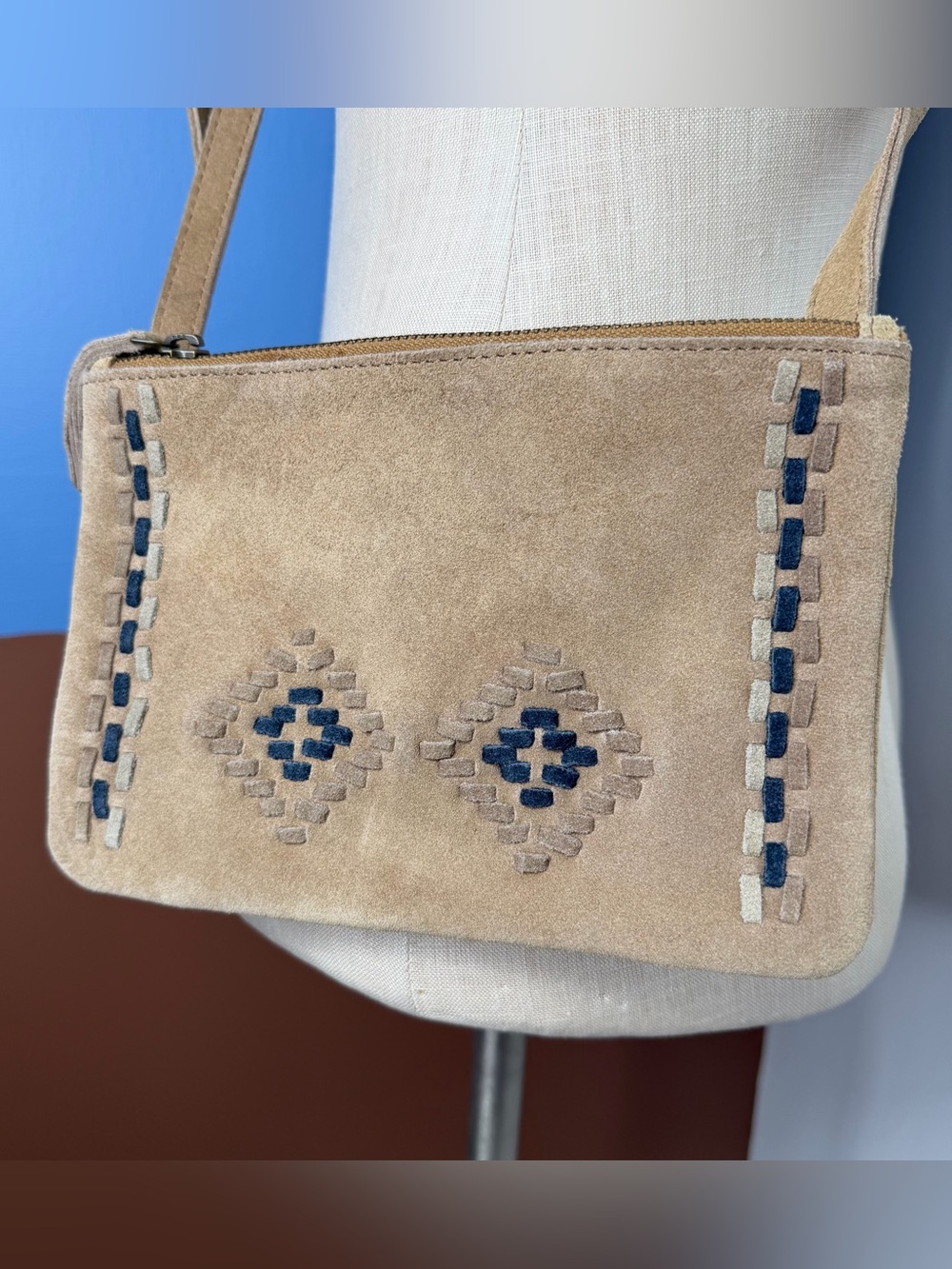 Crosstree Lane Suede  Small Crossbody Bag with Blue Cross stitch  Accent